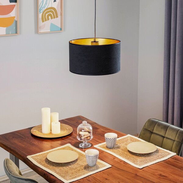 EMIBIG LIGHTING Lampă suspendată Jari cu abajur din pânză 1 bec, negru-auriu, reglabil, Negru, Camera de zi / sufragerie, Țesătură / Textil