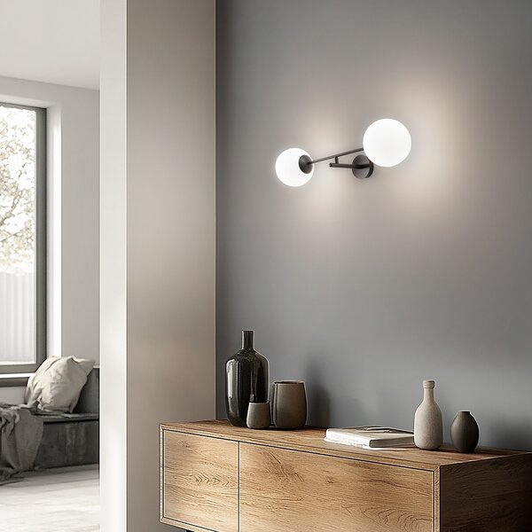 EMIBIG LIGHTING Aplică de perete Linear, negru/opal, 2 becuri, reglabil, Negru, Camera de zi / sufragerie, Metal, Modern