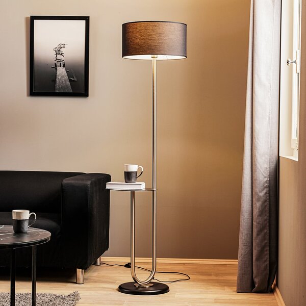 ONLI Lampadar Pongo cu abajur din pânză și raft, Negru, Camera de zi / sufragerie, Țesătură / Textil, Modern
