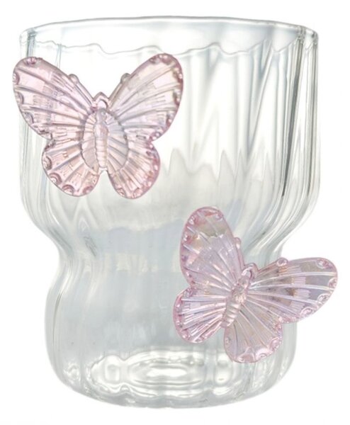 Pahar din sticlă borosilicată, cu pereți ondulați și fluturași roz, 260 ml, eCarla, SZK161