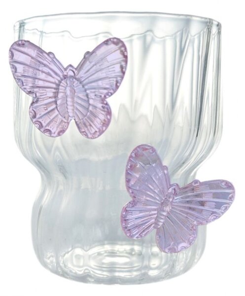 Pahar din sticlă borosilicată, cu pereți ondulați și fluturași mov, 260 ml, eCarla, SZK162