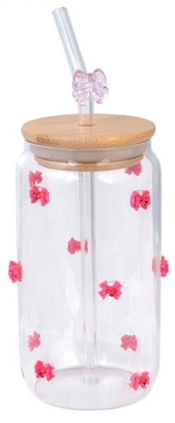 Pahar din sticlă borosilicată, cu capac din bambus, pai și fundițe, 460 ml, eCarla, SZK135