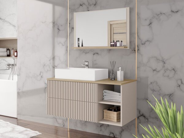 Set mobilier de baie Kiago I (nisip deșert + nisip deșert + stejar cremona) (fără baterie, cu sifon, fără chiuvetă). 1158233