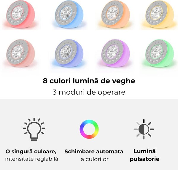 Dispozitiv de sunete albe si melodii cu lumina de veghe Kidizi W05, 31 sunete, 8 culori, functie memorie, timer