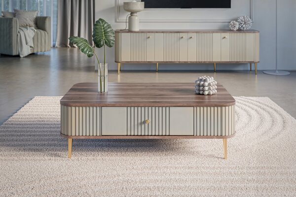 Măsuță de cafea Vesper 103x60 cm cu sertar - kaszmir / nuc / picioare aurii
