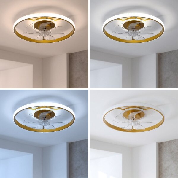 BRILAGI - Ventilator de tavan LED dimabil, 66 W, 230 V, 55 cm, alb/auriu + telecomandă