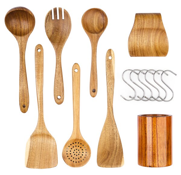 Set 8 ustensile bucătărie din lemn de acacia – cu suport pe blat și suport de lingură, include 6 cârlige s – onuvio®