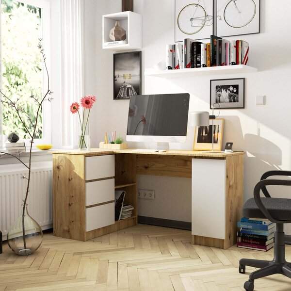 Masă PC de colț Bevin (Stejar artisan + Alb) (S). Promo -17%. 1152066