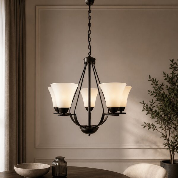 Lustra Midnight Negru Alb 100x60 cm 5 surse E27 40W Corp Iluminat Modern Metal Sticla Design Elegant Living Dining Atmosfera Ambientala Premium