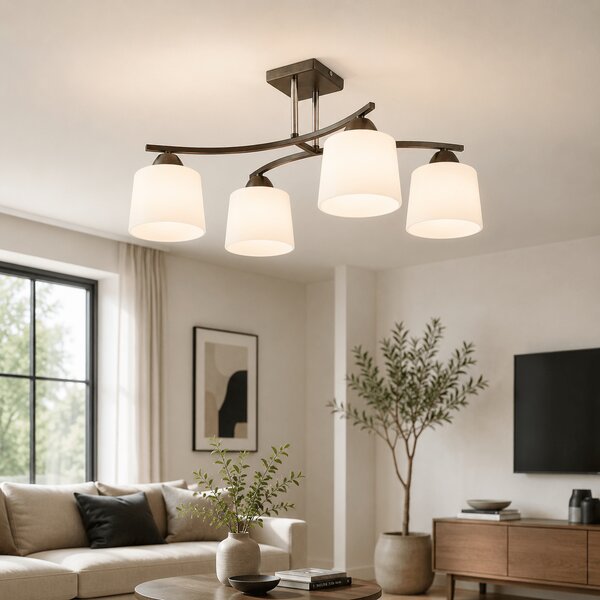 Lustra Osaka Moderna Wenge cu 4 Abajururi Sticla Alba 60x25cm 4xE27 60W Corp Iluminat Elegant pentru Living Dormitor Design Minimalist Durabil