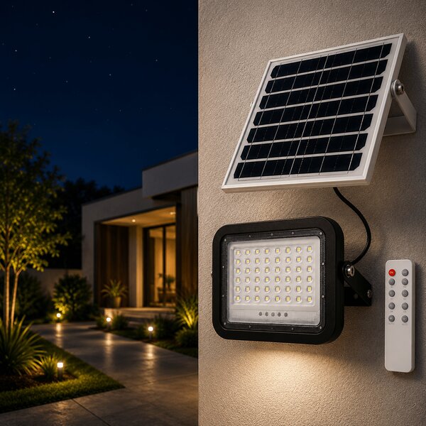 Proiector Solar LED Novelite V2 50W 6500K IP65 Negru, 180x138x38mm, Panou 210x200x17mm, Iluminat Exterior Eficient Fara Costuri Energiei