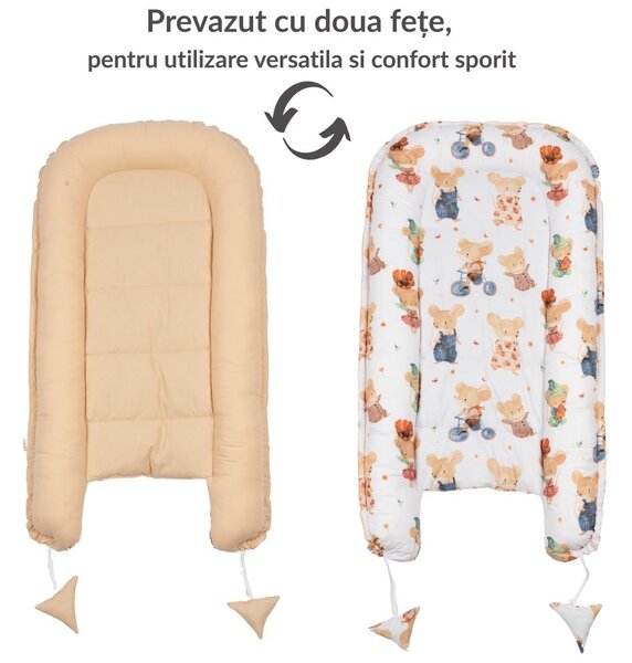 Cosulet patut bebe tip baby nest din bumbac 90x50 cm, cu doua fete Kidizi Mice, bej, lavabil la masina automata