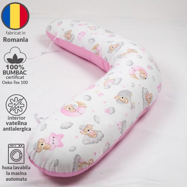 Perna gravide 3 in 1 cu husa detasabila din bumbac 100% Kidizi Lena, lungime 160 cm, Koala Dreams Pink