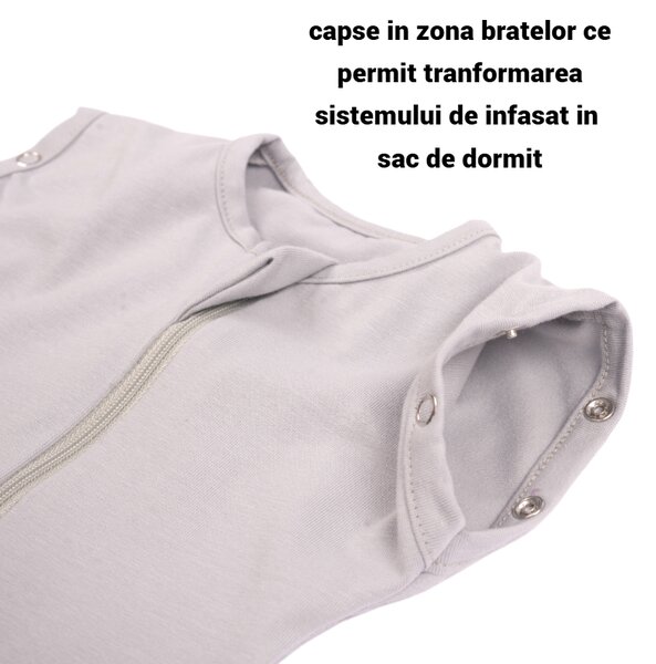 Sistem de infasat transformabil in sac de dormit Kidizi SnugPod Convertible Grey, pentru bebelusi cu greutate peste 4.5 kg, 0.5 tog