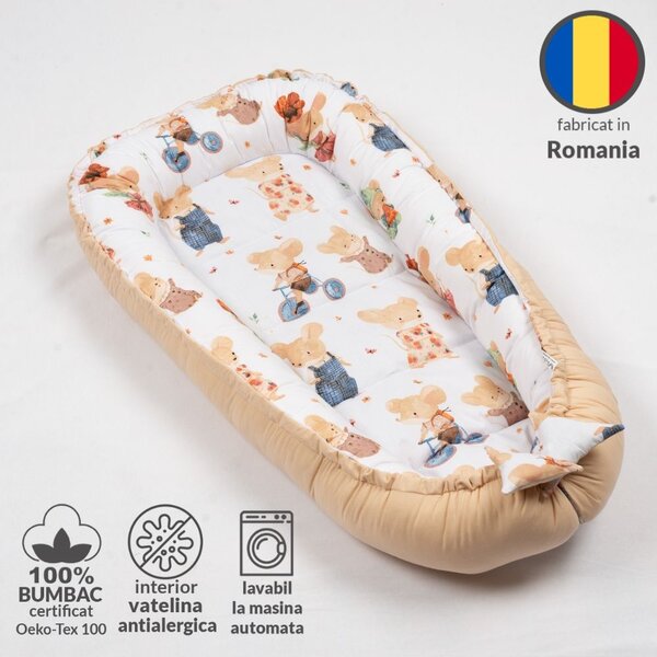 Cosulet patut bebe tip baby nest din bumbac 90x50 cm, cu doua fete Kidizi Mice, bej, lavabil la masina automata
