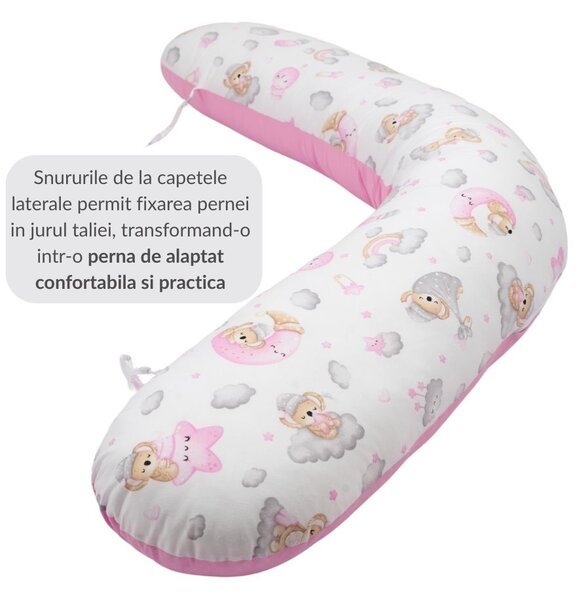 Perna gravide 3 in 1 cu husa detasabila din bumbac 100% Kidizi Lena, lungime 160 cm, Koala Dreams Pink