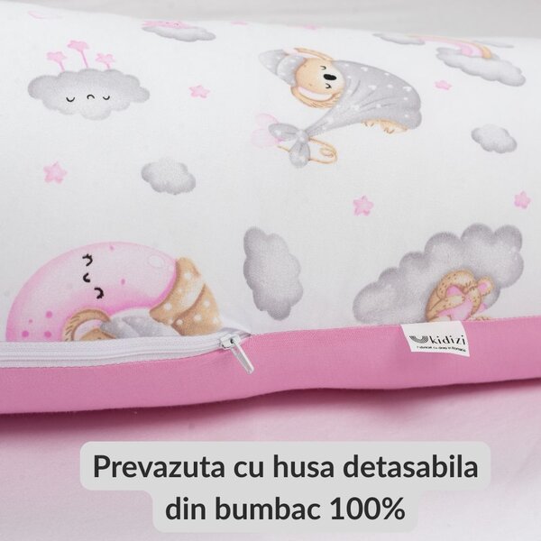 Perna gravide 3 in 1 cu husa detasabila din bumbac 100% Kidizi Lena, lungime 160 cm, Koala Dreams Pink