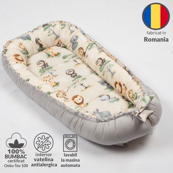 Cosulet patut bebe tip baby nest din bumbac 90x50 cm, cu doua fete Kidizi Baby Animals, bej, lavabil la masina automata