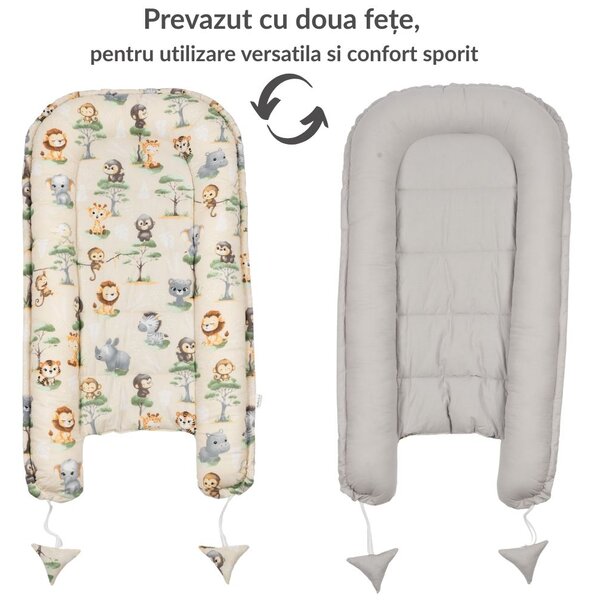 Cosulet patut bebe tip baby nest din bumbac 90x50 cm, cu doua fete Kidizi Baby Animals, bej, lavabil la masina automata