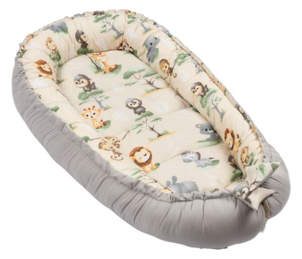 Cosulet patut bebe tip baby nest din bumbac 90x50 cm, cu doua fete Kidizi Baby Animals, bej, lavabil la masina automata