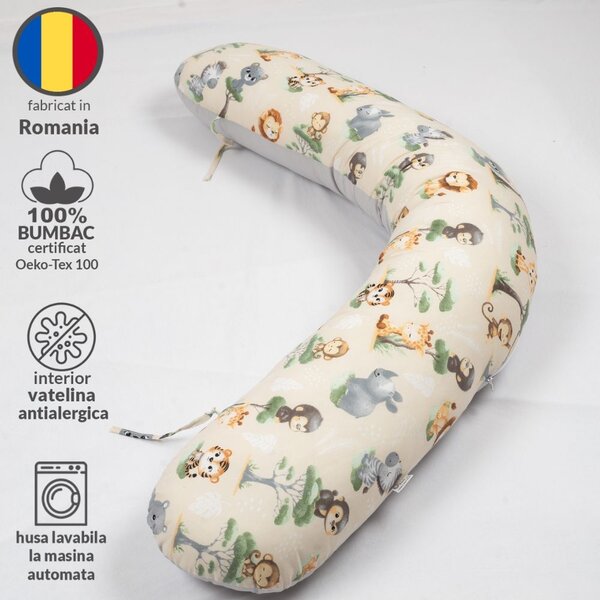 Perna gravide 3 in 1 cu husa detasabila din bumbac 100% Kidizi Lena, lungime 160 cm, Baby Animals