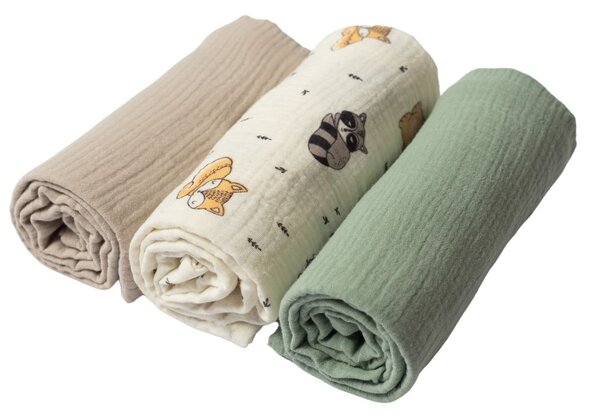 Set 3 paturici din muselina dubla moale 78x78 cm Kidizi Cuddly Buddies, 100% bumbac