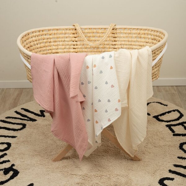 Set 3 paturici din muselina dubla moale 78x78 cm Kidizi Color Hearts, 100% bumbac