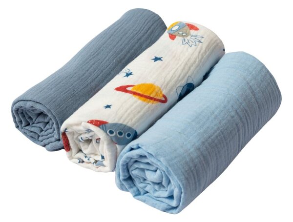 Set 3 paturici din muselina dubla moale 78x78 cm Kidizi Space, 100% bumbac