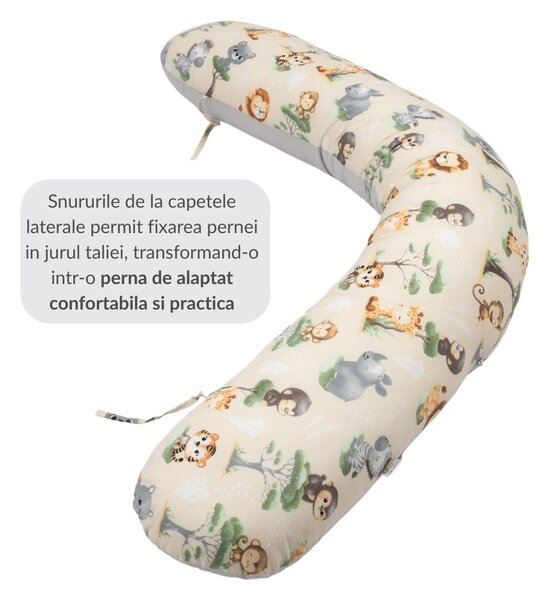 Perna gravide 3 in 1 cu husa detasabila din bumbac 100% Kidizi Lena, lungime 160 cm, Baby Animals