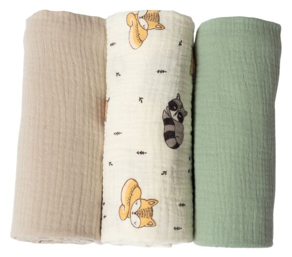 Set 3 paturici din muselina dubla moale 78x78 cm Kidizi Cuddly Buddies, 100% bumbac