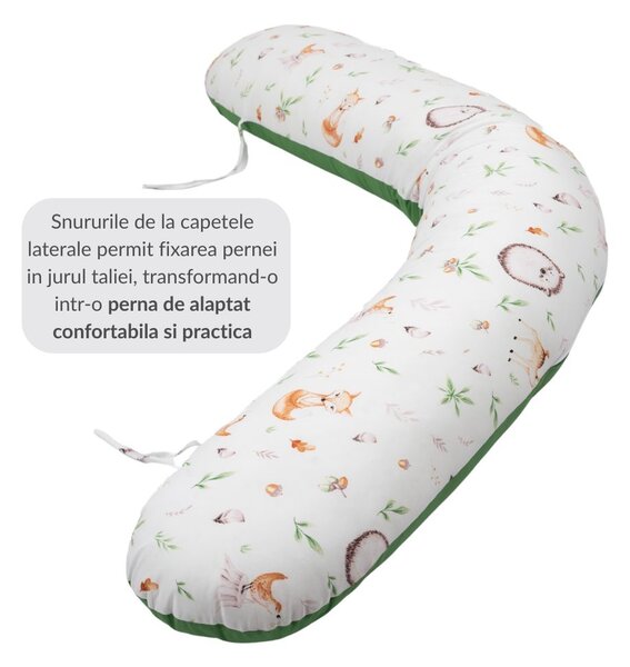 Perna gravide 3 in 1 cu husa detasabila din bumbac 100% Kidizi Lena, lungime 160 cm, Forest Joy