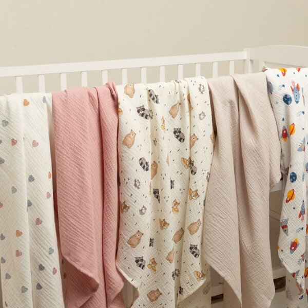 Set 2 paturi pentru bebelusi de vara din muselina dubla 100x100 cm Kidizi Color Hearts, bumbac 100%
