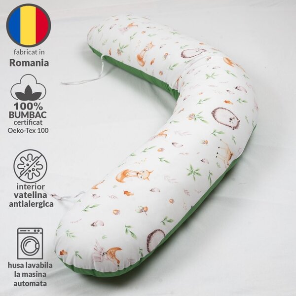 Perna gravide 3 in 1 cu husa detasabila din bumbac 100% Kidizi Lena, lungime 160 cm, Forest Joy