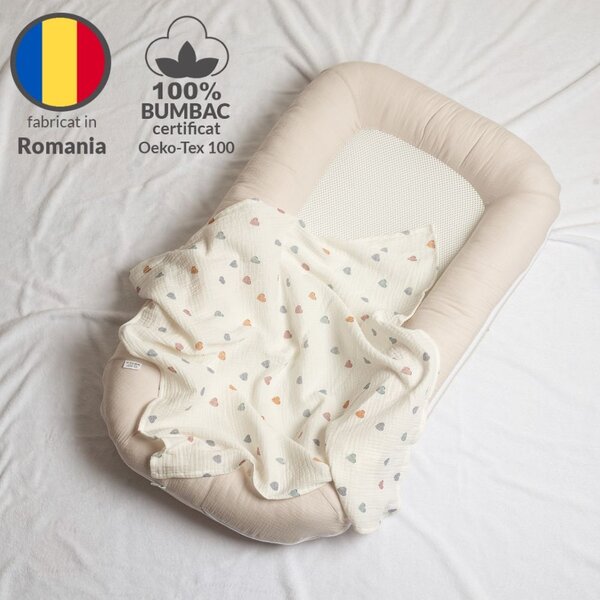 Set 3 paturici din muselina dubla moale 78x78 cm Kidizi Color Hearts, 100% bumbac