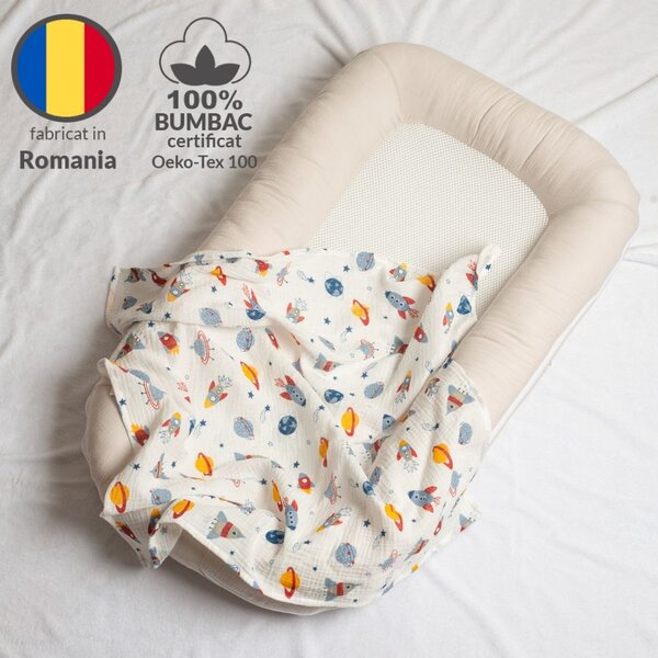 Set 3 paturici din muselina dubla moale 78x78 cm Kidizi Space, 100% bumbac