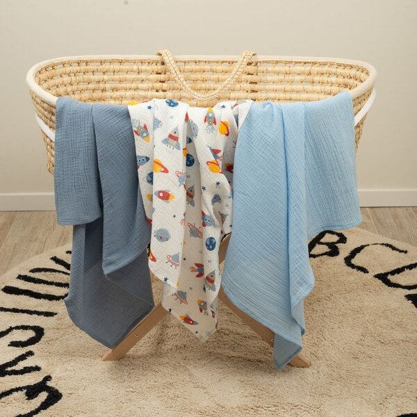 Set 3 paturici din muselina dubla moale 78x78 cm Kidizi Space, 100% bumbac