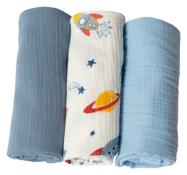 Set 3 paturici din muselina dubla moale 78x78 cm Kidizi Space, 100% bumbac