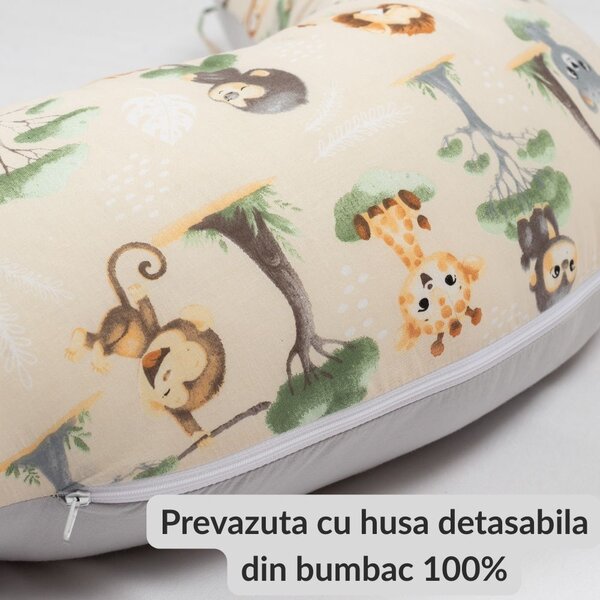 Perna gravide 3 in 1 cu husa detasabila din bumbac 100% Kidizi Lena, lungime 160 cm, Baby Animals
