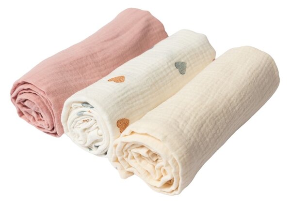 Set 3 paturici din muselina dubla moale 78x78 cm Kidizi Color Hearts, 100% bumbac
