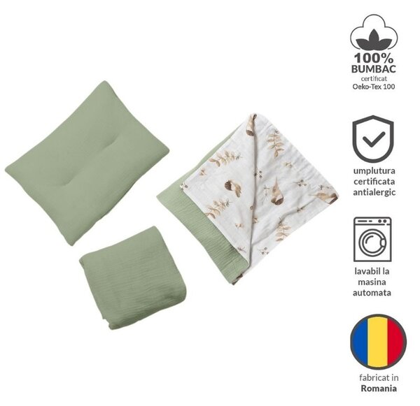 Lenjerie de vara din muselina pentru co-sleeper Kidizi Birdy, include cearceaf, perna si paturica cu doua fete, bumbac 100%