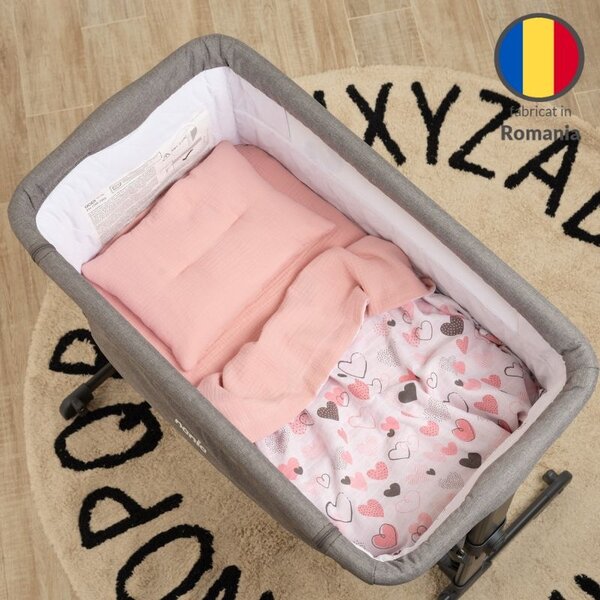 Lenjerie de vara din muselina pentru cosleeper Kidizi Pink Hearts, include cearceaf, perna si paturica cu doua fete, bumbac 100%