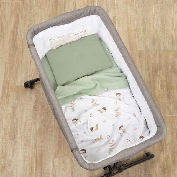 Lenjerie de vara din muselina pentru co-sleeper Kidizi Birdy, include cearceaf, perna si paturica cu doua fete, bumbac 100%