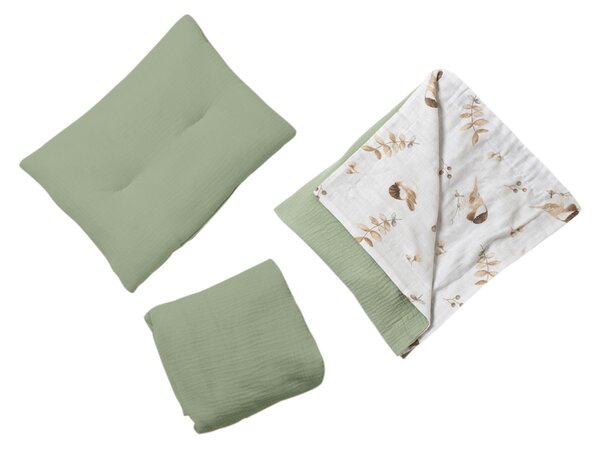 Lenjerie de vara din muselina pentru co-sleeper Kidizi Birdy, include cearceaf, perna si paturica cu doua fete, bumbac 100%