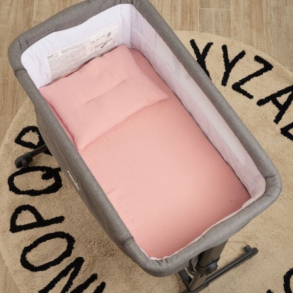 Lenjerie de vara din muselina pentru cosleeper Kidizi Pink Hearts, include cearceaf, perna si paturica cu doua fete, bumbac 100%