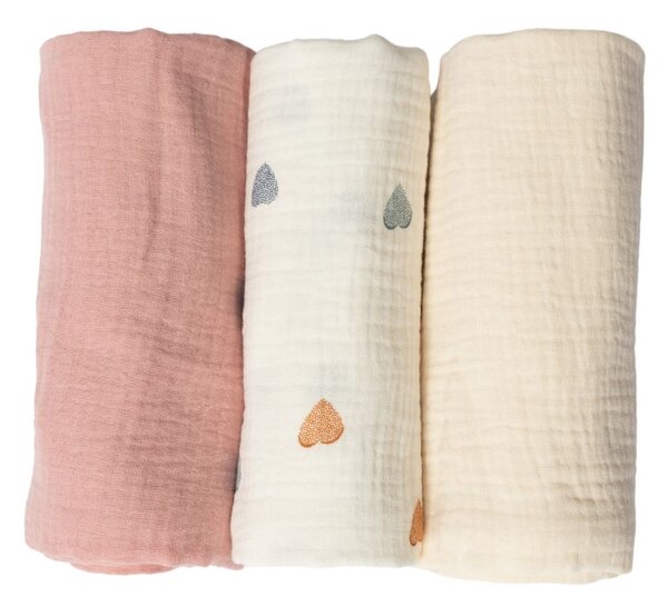 Set 3 paturici din muselina dubla moale 78x78 cm Kidizi Color Hearts, 100% bumbac