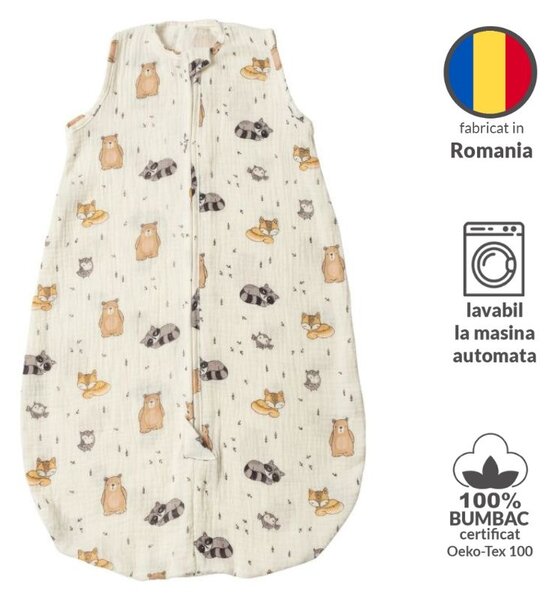 Sac de dormit de vara pentru copii din muselina dubla 0-6 luni Kidizi Cuddly Buddies, bumbac 100%, 0.3 tog