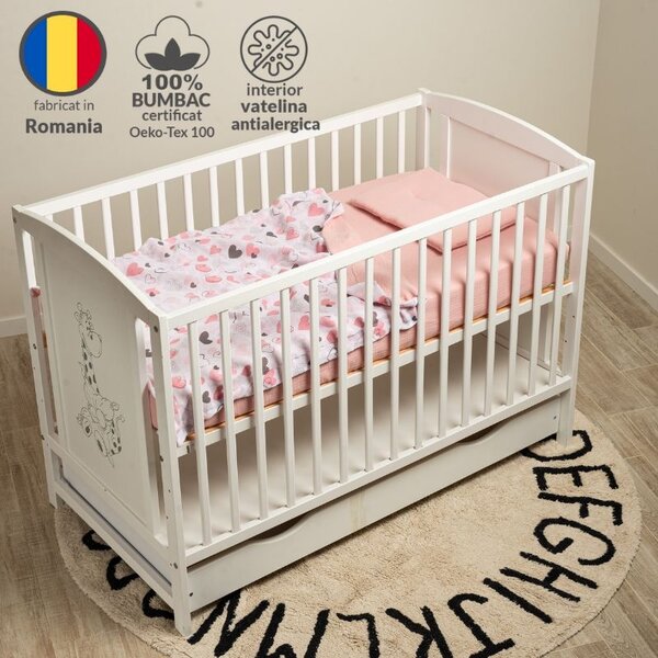Lenjerie de vara din muselina pentru patut 120x60 cm Kidizi Pink Hearts, include cearceaf, perna si paturica cu doua fete, bumbac 100%