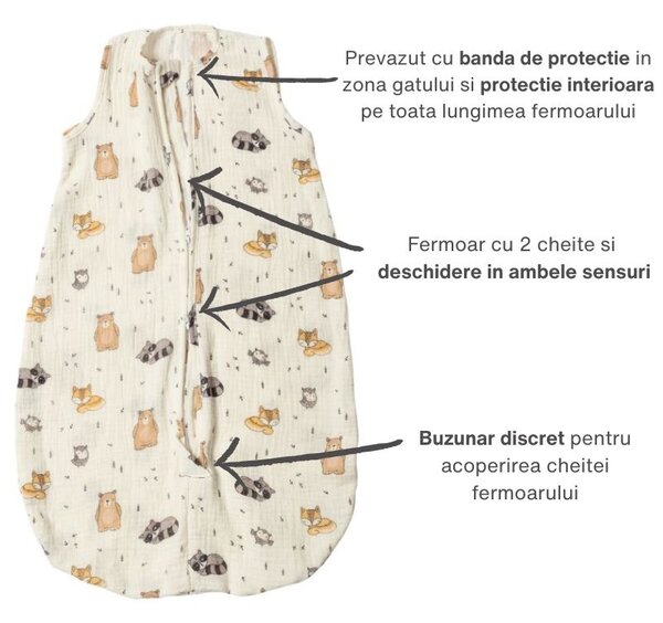 Sac de dormit de vara pentru copii din muselina dubla 0-6 luni Kidizi Cuddly Buddies, bumbac 100%, 0.3 tog