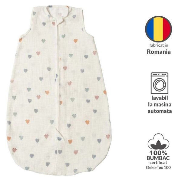 Sac de dormit de vara pentru copii din muselina dubla 0-6 luni Kidizi Color Hearts bumbac 100%, 0.3 tog