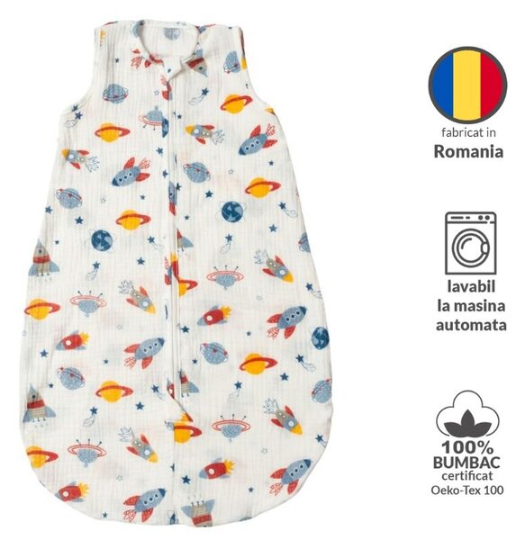 Sac de dormit de vara pentru copii din muselina dubla 0-6 luni Kidizi Space bumbac 100%, 0.3 tog